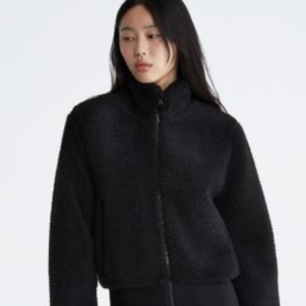 CALVIN KLEIN CK Logo Patch Black Sherpa Teddy Jacket Mock Neck Full Zip XL